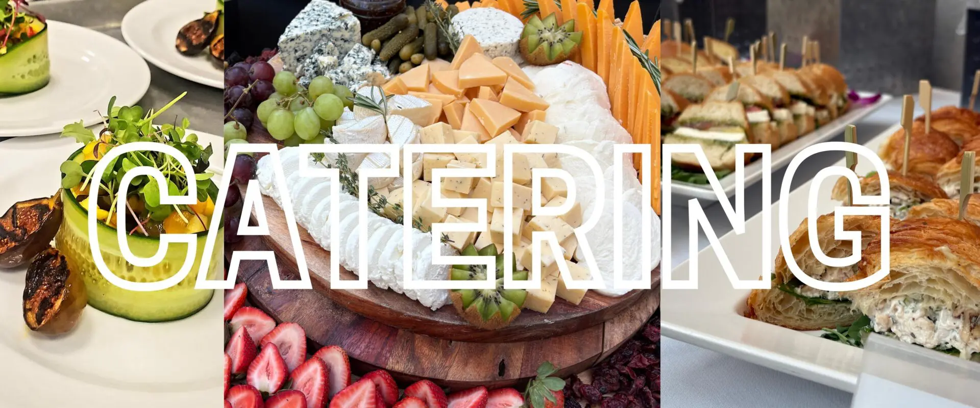 catering served entree, imported cheese selection, and boxed lunch sandwich samples.