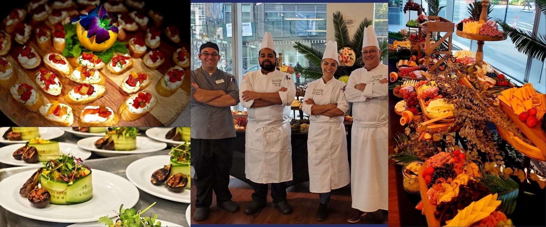 Collage of catered food and chefs