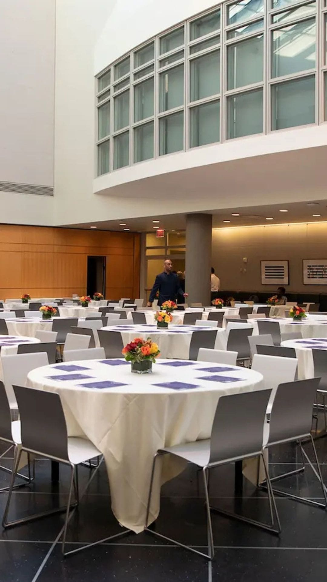 The Dining commons with tablecloths on the tables