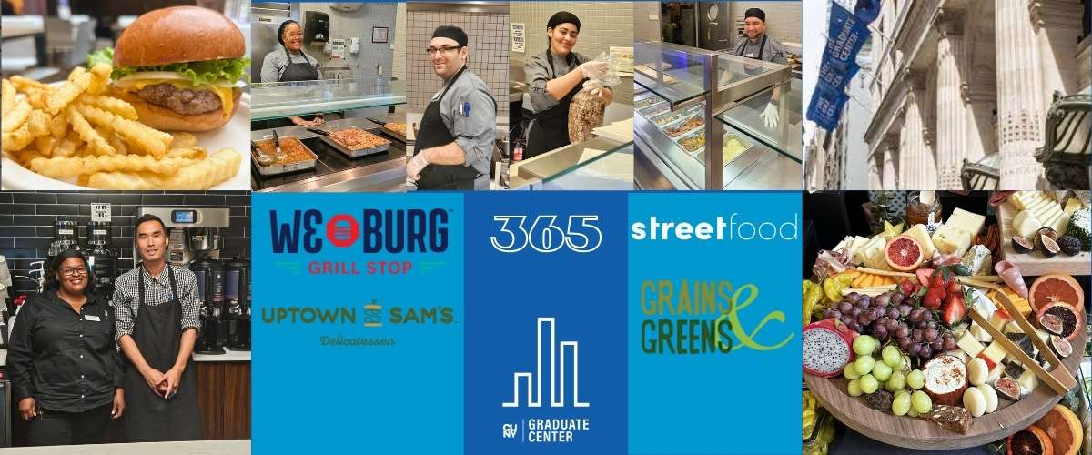 Collage of employees, concept logos and food